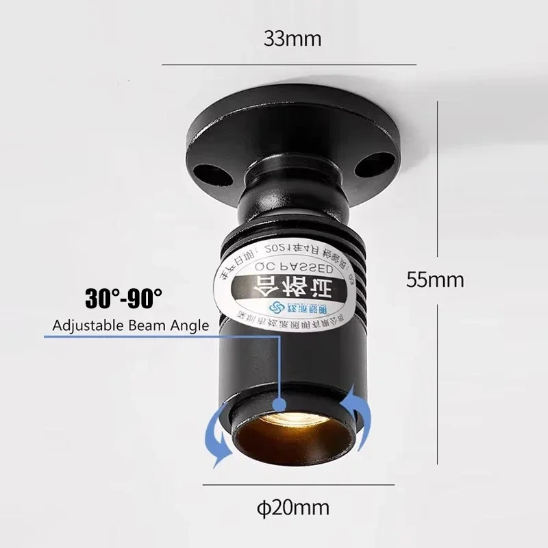 3W Mini Spotlight Zoomable Dimmable Small Beam Angle Surface Mounted Spot Light 12V Display Cabinet Wine Cabinet Decor Lights