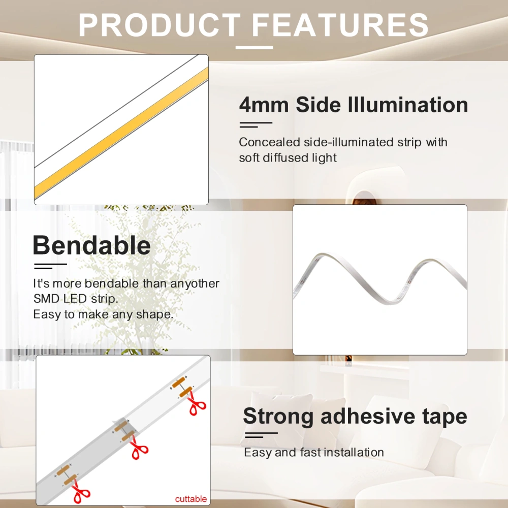 IP68 Waterproof 4mm Ultra Thin Side Glow COB LED Strip Neon Light Design 3000K 4000K 6000K Cuttable 12V 24V Side View LED Tape