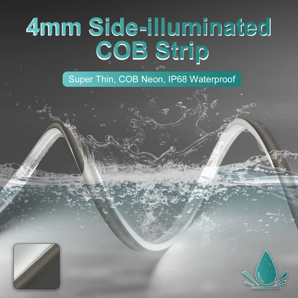 IP68 Waterproof 4mm Ultra Thin Side Glow COB LED Strip Neon Light Design 3000K 4000K 6000K Cuttable 12V 24V Side View LED Tape