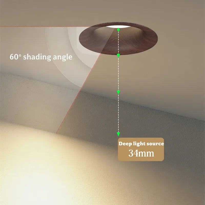 Chinese style walnut wood grain spotlights with anti glare HOLE-75mm embedded LED tube lights for living rooms, hotels, villas