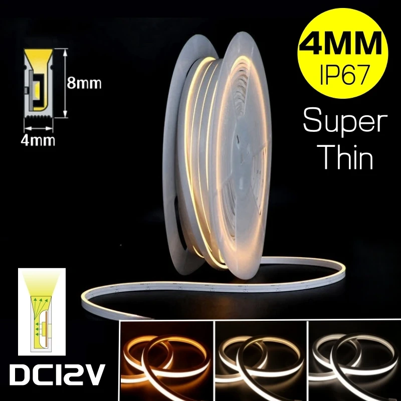 4x8mm Super Thin LED Neon Strip Light DC12V Flexible Waterproof Silicone Tube Diffuser Recessed Cabinet Bedroom Tape Neon Lights