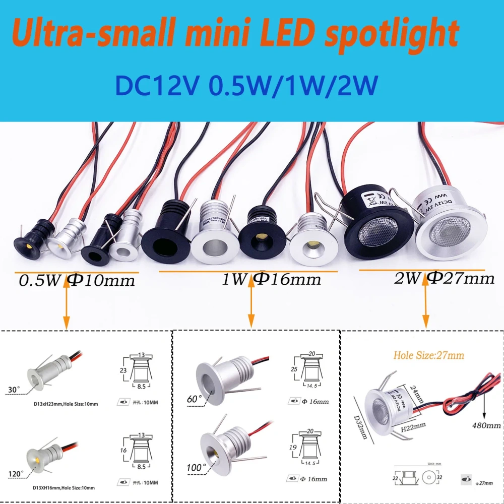 Mini LED Spotlight DC12V 0.5W 1W 2W Small Dimmable Stair Light Kitchen Cabinet Downlight KTV Banquet Ceiling Light Cut D10-D27mm