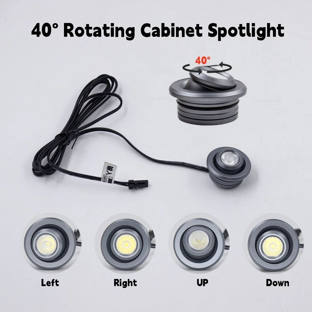 12V 1W LED Cabinet Spotlights with 1M DuPont Interface Wire 40-Degree Rotatable Adjustable Angle Beam Focus Spot Ceiling Light