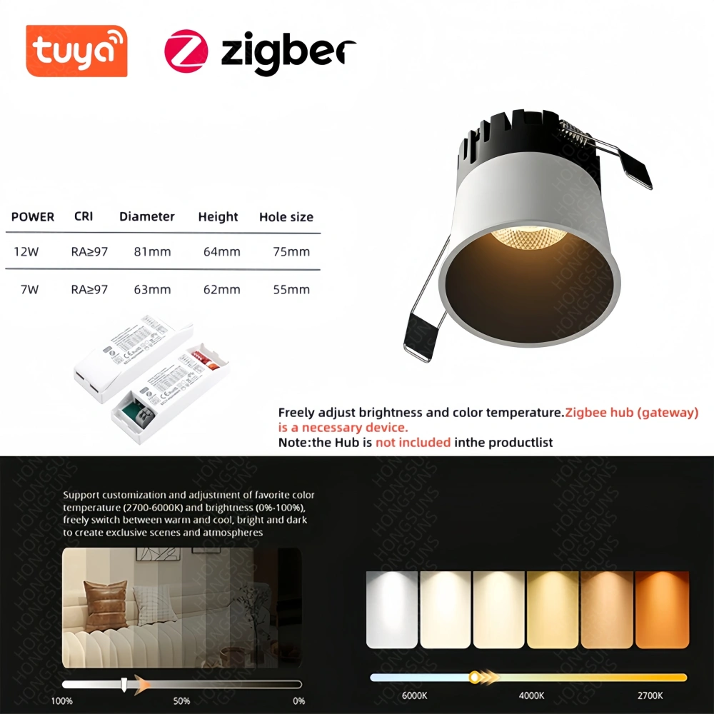 LED Recessed Downlight Tuya Zigbee/ DALI Smart Modern Spotlight Indoor Anti-glare CRI97 Ceiling Light for Living Room Bedroom