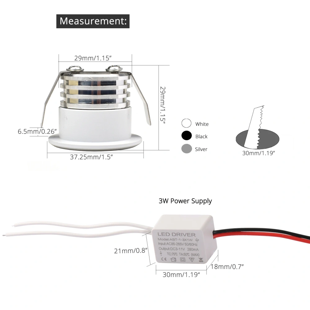 Interior Home Recessed Ceiling LED Spot Downlight 3W Lights Hole 30mm 3000K 4000K 5000K 6000K DIY Design Artistic Lighting