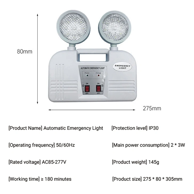 Double Headed LED Emergency Lamp Charging Emergency Lighting IP30 Fire Exit Indicator 3 Hour Battery Life AC85-265V