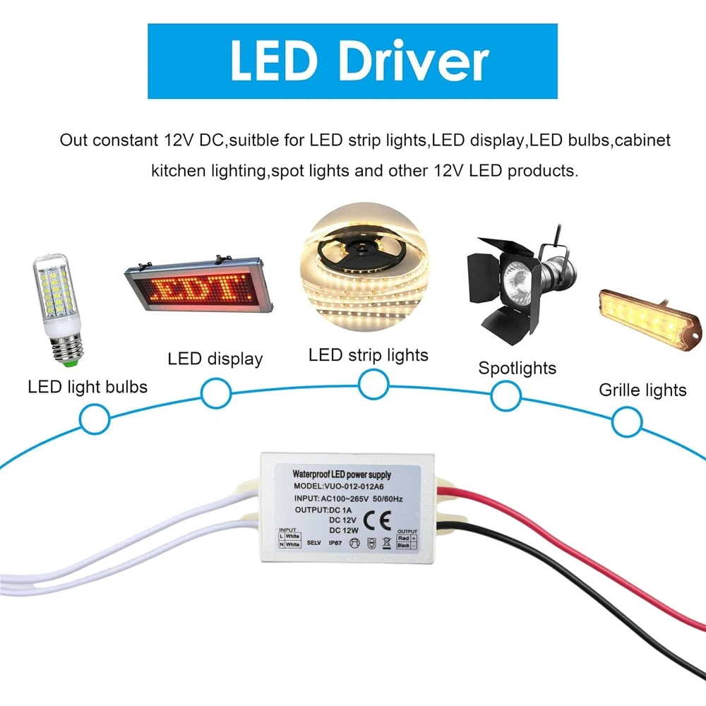 12W Waterproof LED Power Supply Input AC 110-265V Output DC 12V IP67 LED Driver Adapter for Indoor Outdoor Lighting Transformer