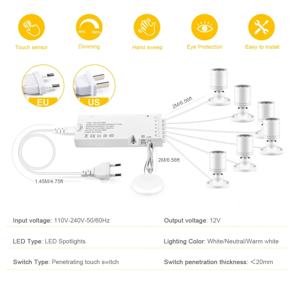 Touch Dimmable LED Spotlight 12V 3W Wall Ceiling Lamp for Wine Artwork Storage Display Cabinet Lighting 1-10pcs Mini Spot Light