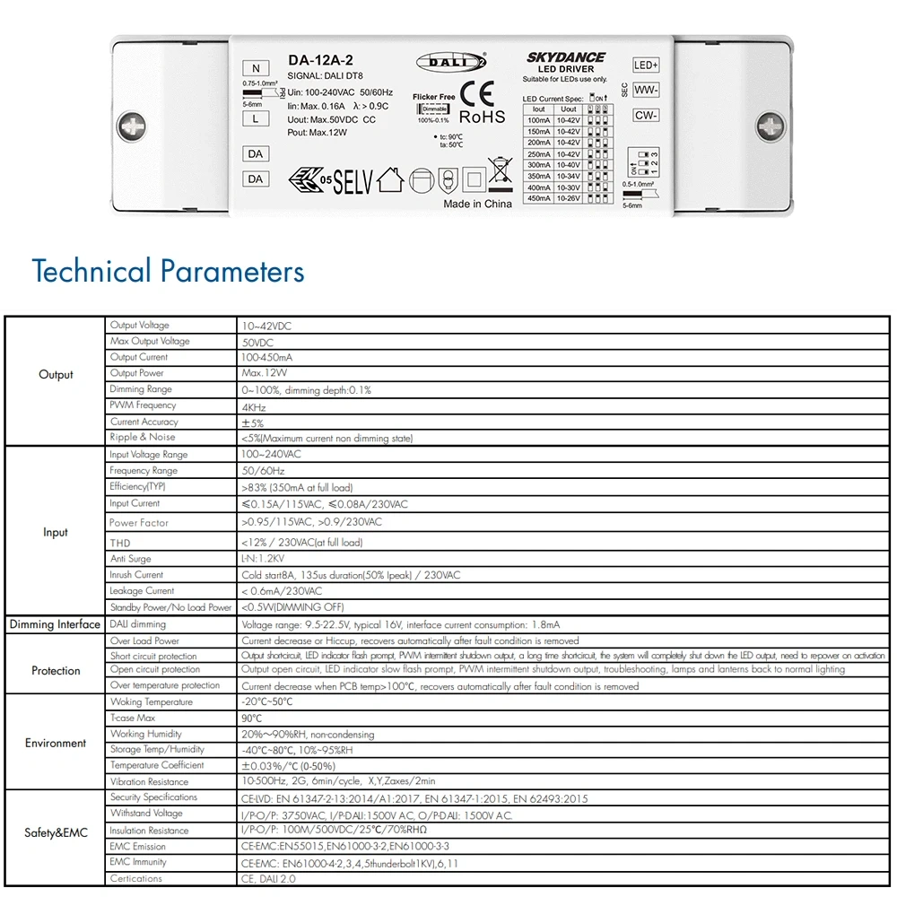 12W DT8 DALI CCT LED Driver Dimmable Power Supply Adapter Support DALI-2 Dimming Mode PWM Digital Dimming For CCT Color LED Lamp