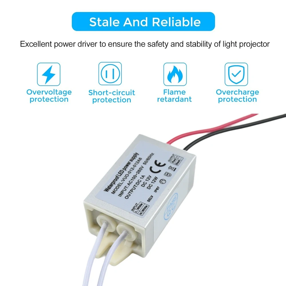 12W Waterproof LED Power Supply Input AC 110-265V Output DC 12V IP67 LED Driver Adapter for Indoor Outdoor Lighting Transformer