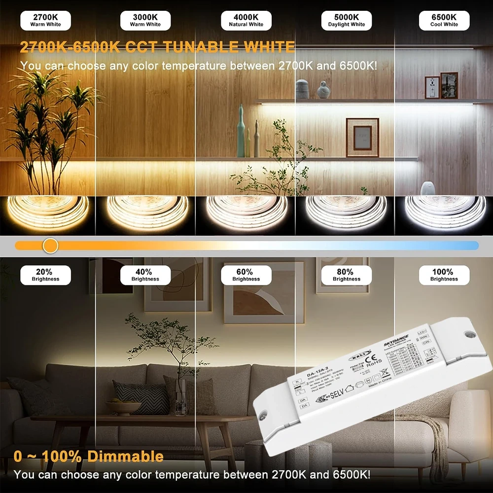 12W DT8 DALI CCT LED Driver Dimmable Power Supply Adapter Support DALI-2 Dimming Mode PWM Digital Dimming For CCT Color LED Lamp