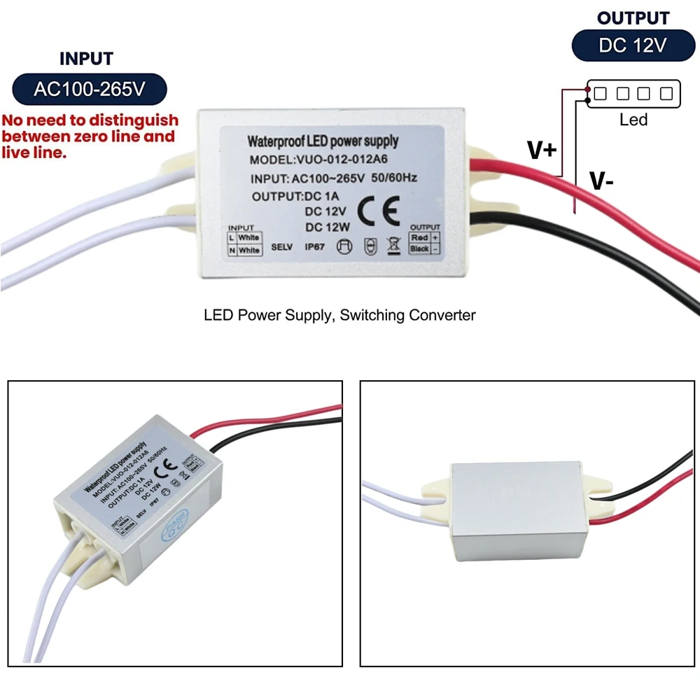 12W Waterproof LED Power Supply Input AC 110-265V Output DC 12V IP67 LED Driver Adapter for Indoor Outdoor Lighting Transformer