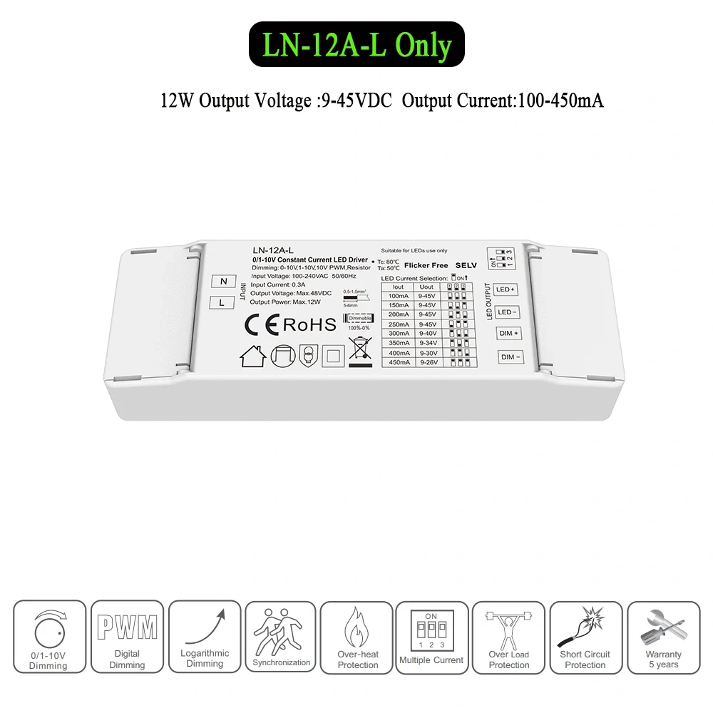0/1-10V Constant Current Dimmable LED Driver 0-10V 1-10V 10V PWM Resistor Dimming NO Flicker Configurable Current Via DIP Switch
