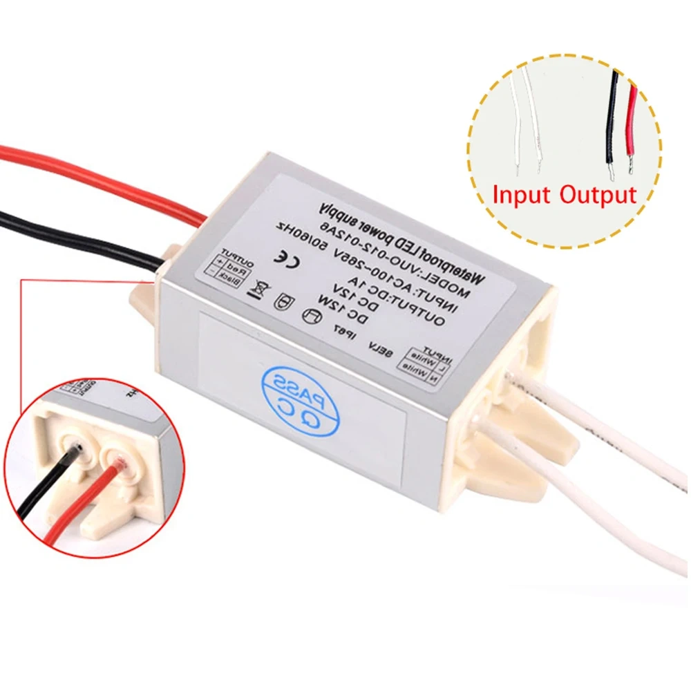 12W Waterproof LED Power Supply Input AC 110-265V Output DC 12V IP67 LED Driver Adapter for Indoor Outdoor Lighting Transformer