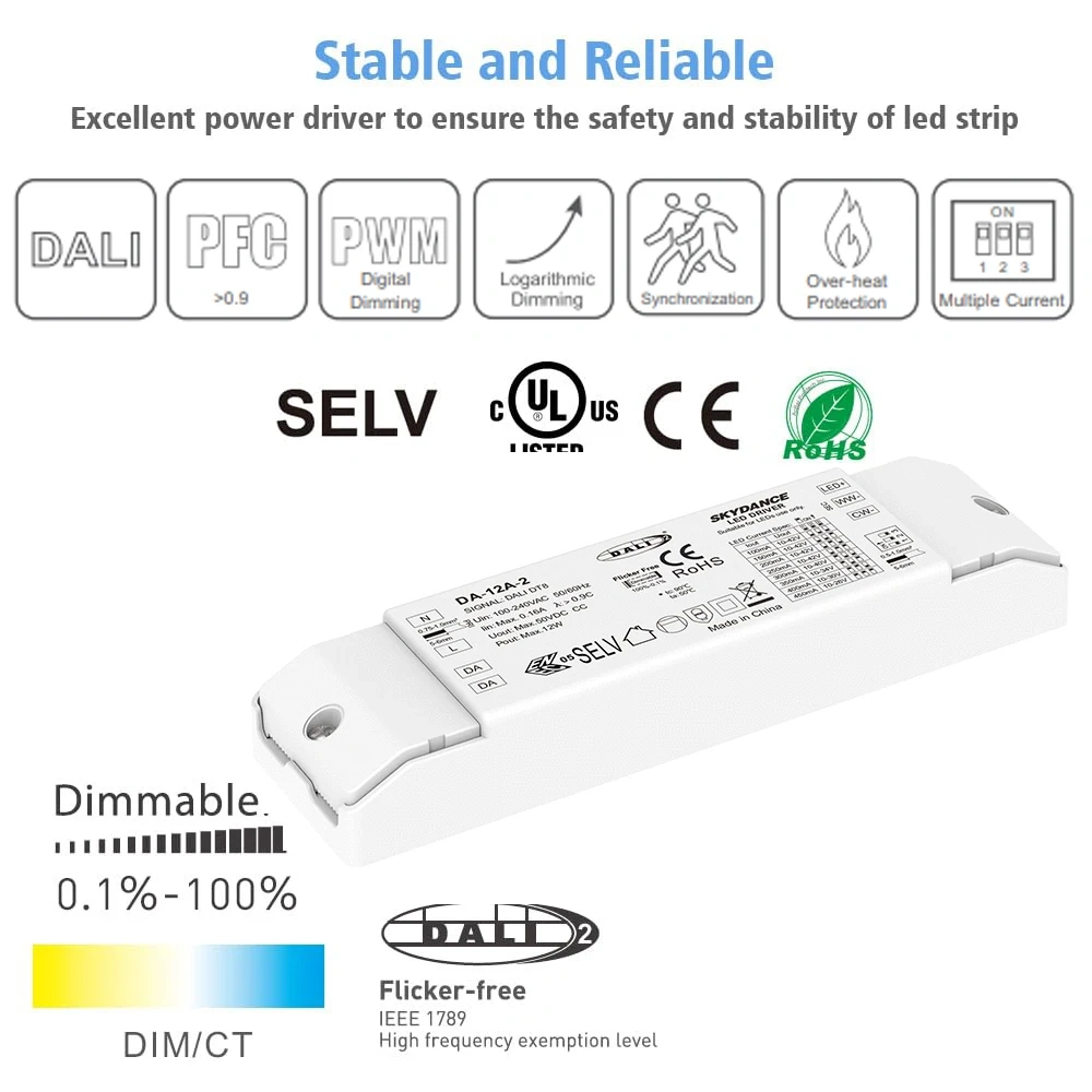 12W DT8 DALI CCT LED Driver Dimmable Power Supply Adapter Support DALI-2 Dimming Mode PWM Digital Dimming For CCT Color LED Lamp