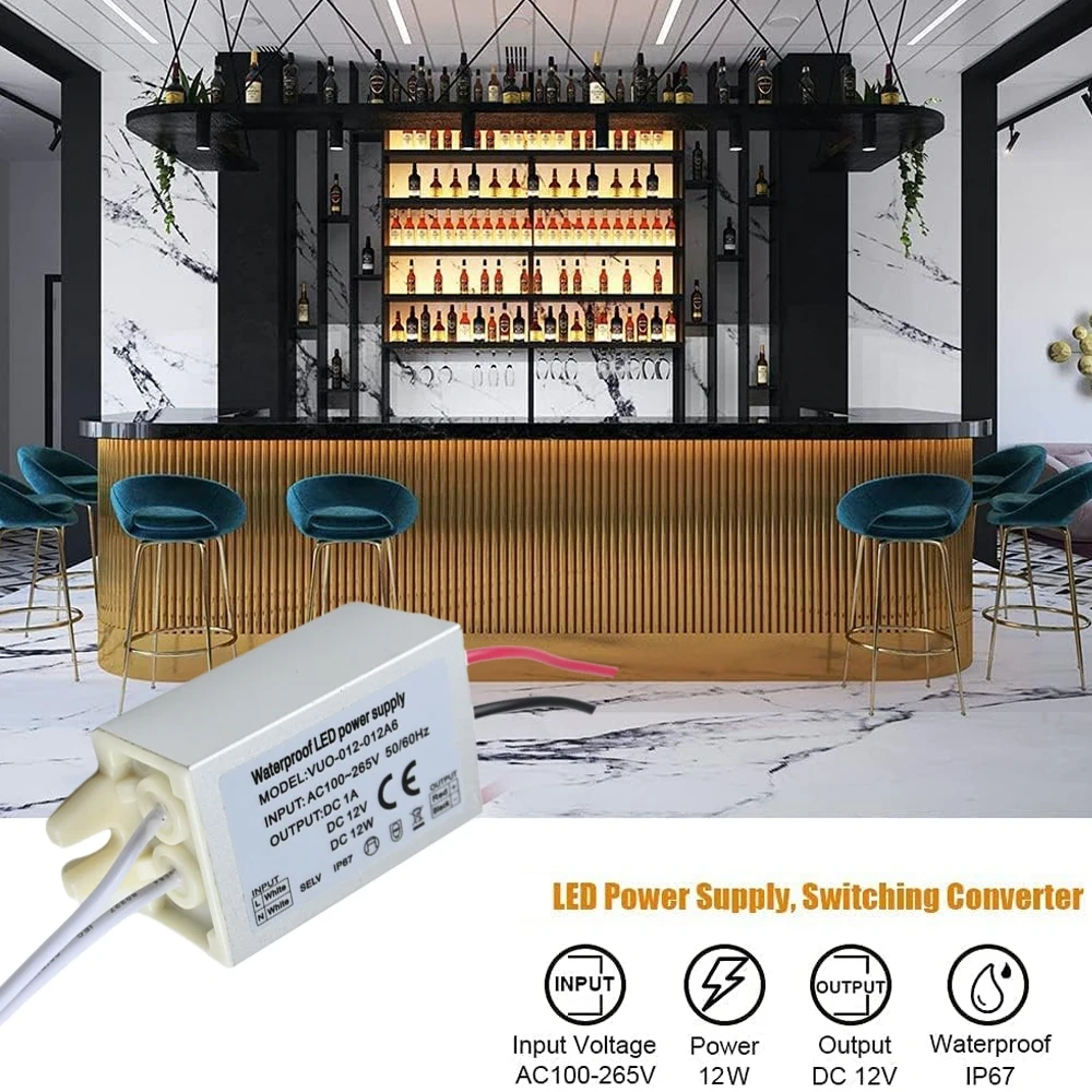 12W Waterproof LED Power Supply Input AC 110-265V Output DC 12V IP67 LED Driver Adapter for Indoor Outdoor Lighting Transformer