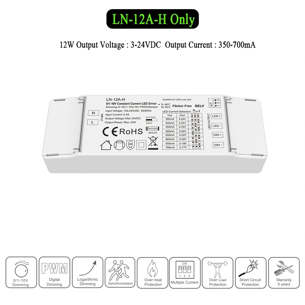 0/1-10V Constant Current Dimmable LED Driver 0-10V 1-10V 10V PWM Resistor Dimming NO Flicker Configurable Current Via DIP Switch