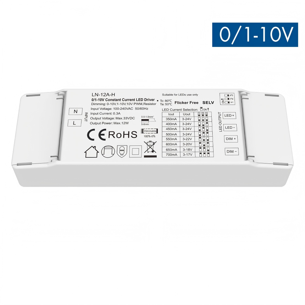 0/1-10V Constant Current Dimmable LED Driver 0-10V 1-10V 10V PWM Resistor Dimming NO Flicker Configurable Current Via DIP Switch