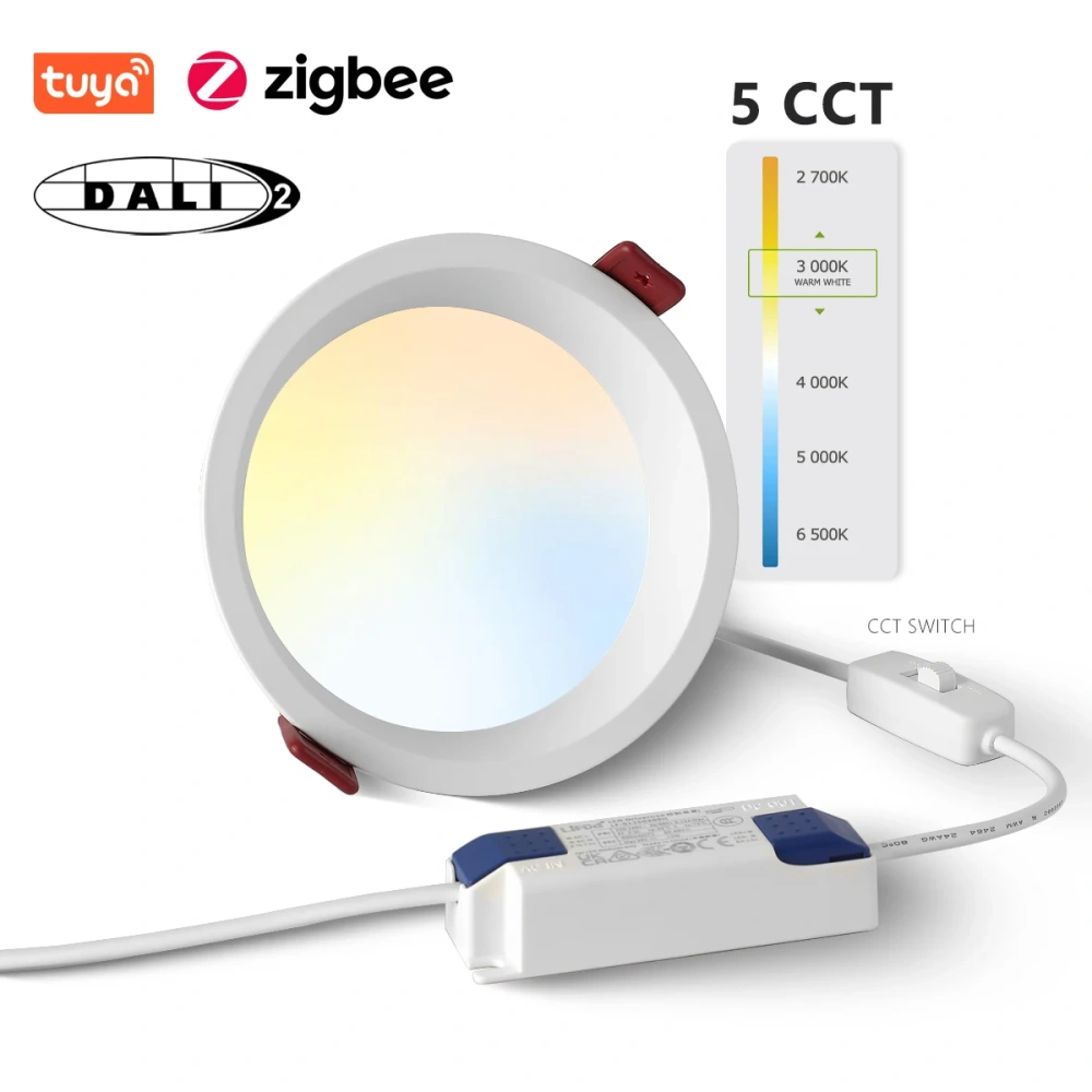 Recessed LED Downlight 5 CCT Switchable 2700K 3000K 4000K 5000K 6500K Tuya Zigbee DALI  Matter Indoor Smart Ceiling Light