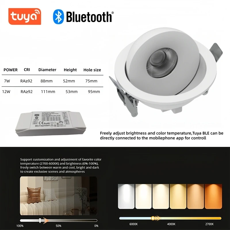 Tuya Zigbee Dali2 Smart 360 ° Angle Adjustable Dimmable Recessed LED Ceiling Lights Embedded COB CircularSpot Downlight 7W 12W