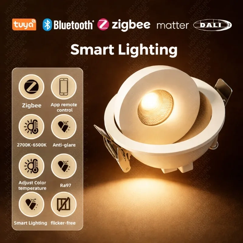 Tuya Zigbee Dali2 Smart 360 ° Angle Adjustable Dimmable Recessed LED Ceiling Lights Embedded COB CircularSpot Downlight 7W 12W