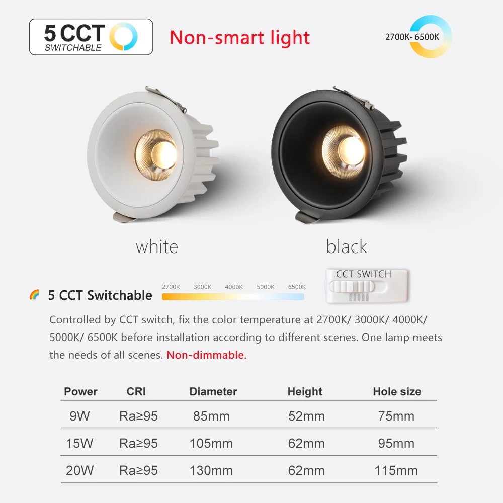 Recessed LED Ceiling Light 5 CCT Switchable Tuya Zigbee DALI Matter Smart White Black Living Room Bedroom Kitchen Downlight