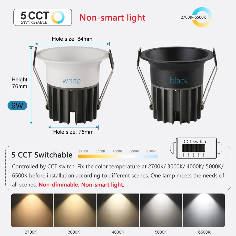 Tuya Zigbee/ DALI/ Matter/ 5 CCT Switchable Recessed LED Smart Ceiling Light  Dimmable AC110V/ 220V Black White Spot Downlight