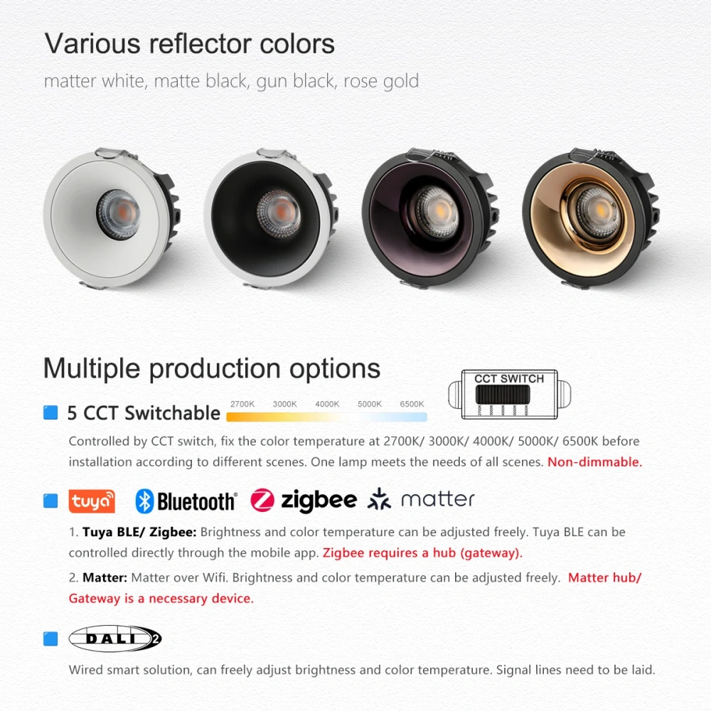 Recessed Zigbee DALI 5 CCT Selectable LED Spot Light Black White Rose Gold Bedroom Living Room Kitchen Anti-glare Ceiling Lamp