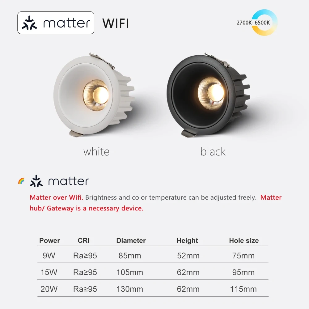 Recessed LED Ceiling Light 5 CCT Switchable Tuya Zigbee DALI Matter Smart White Black Living Room Bedroom Kitchen Downlight