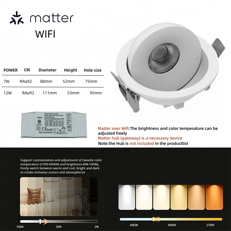 Tuya Zigbee Dali2 Smart 360 ° Angle Adjustable Dimmable Recessed LED Ceiling Lights Embedded COB CircularSpot Downlight 7W 12W