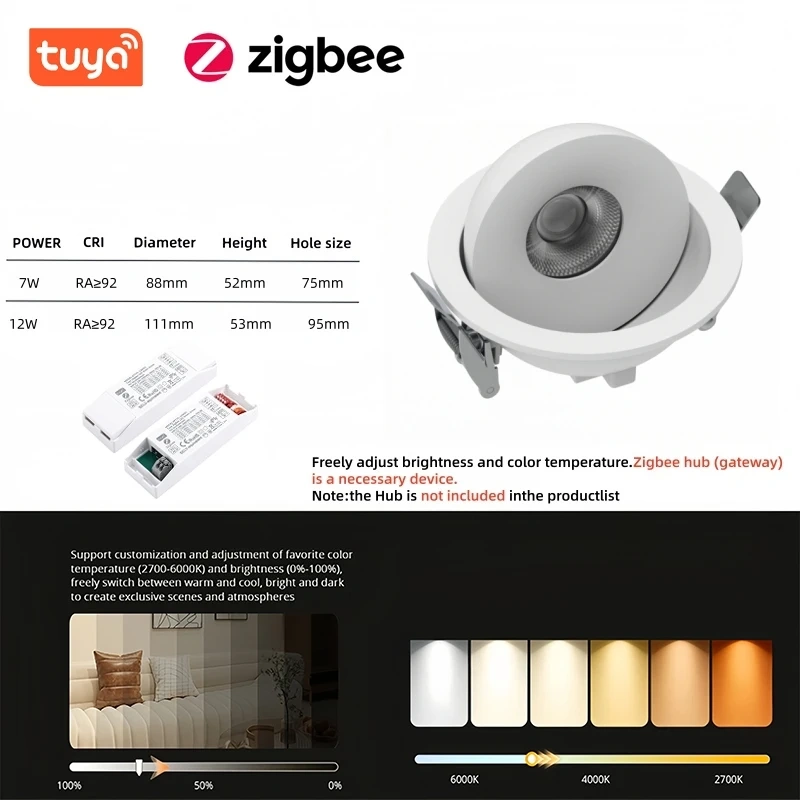 Tuya Zigbee Dali2 Smart 360 ° Angle Adjustable Dimmable Recessed LED Ceiling Lights Embedded COB CircularSpot Downlight 7W 12W