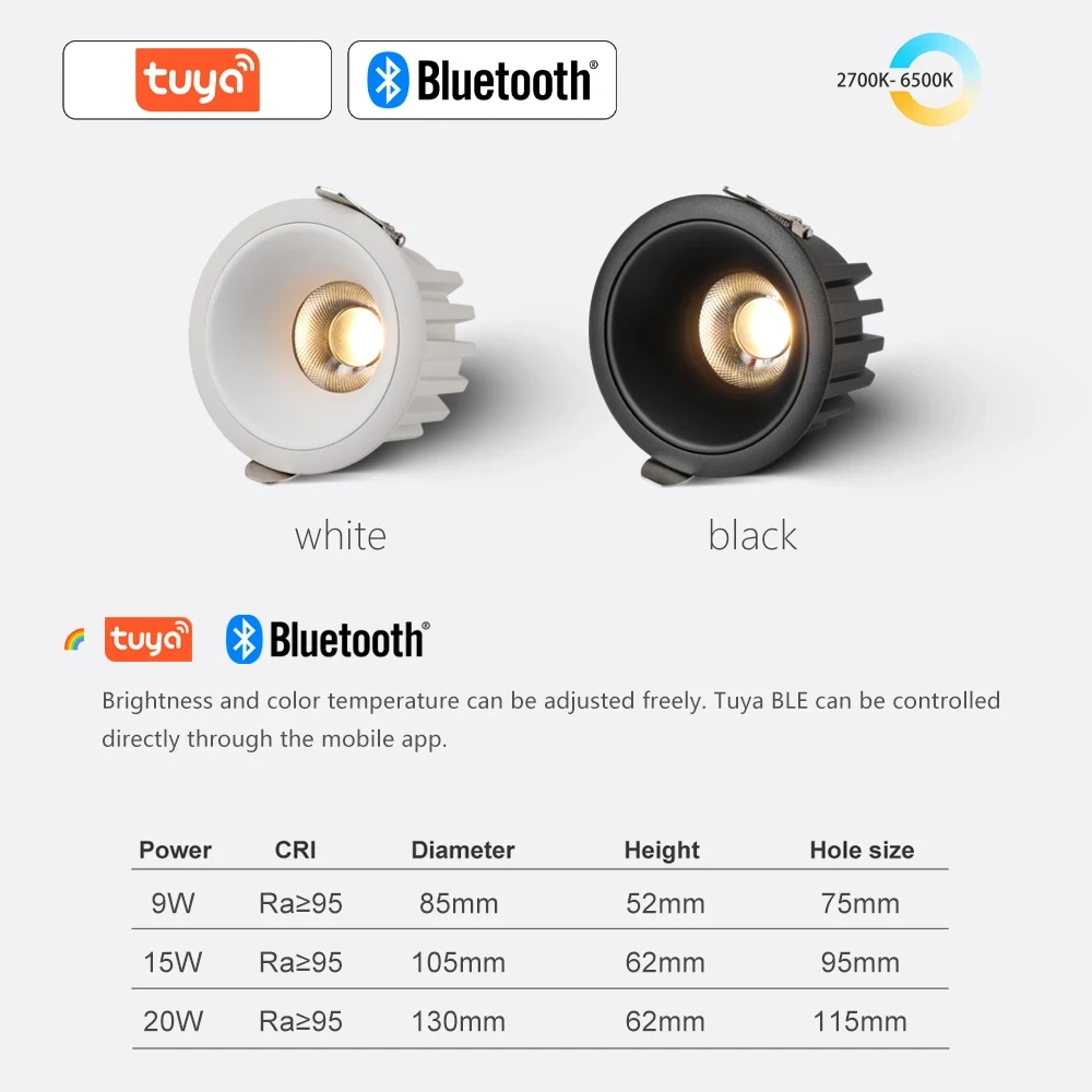 Recessed LED Ceiling Light 5 CCT Switchable Tuya Zigbee DALI Matter Smart White Black Living Room Bedroom Kitchen Downlight
