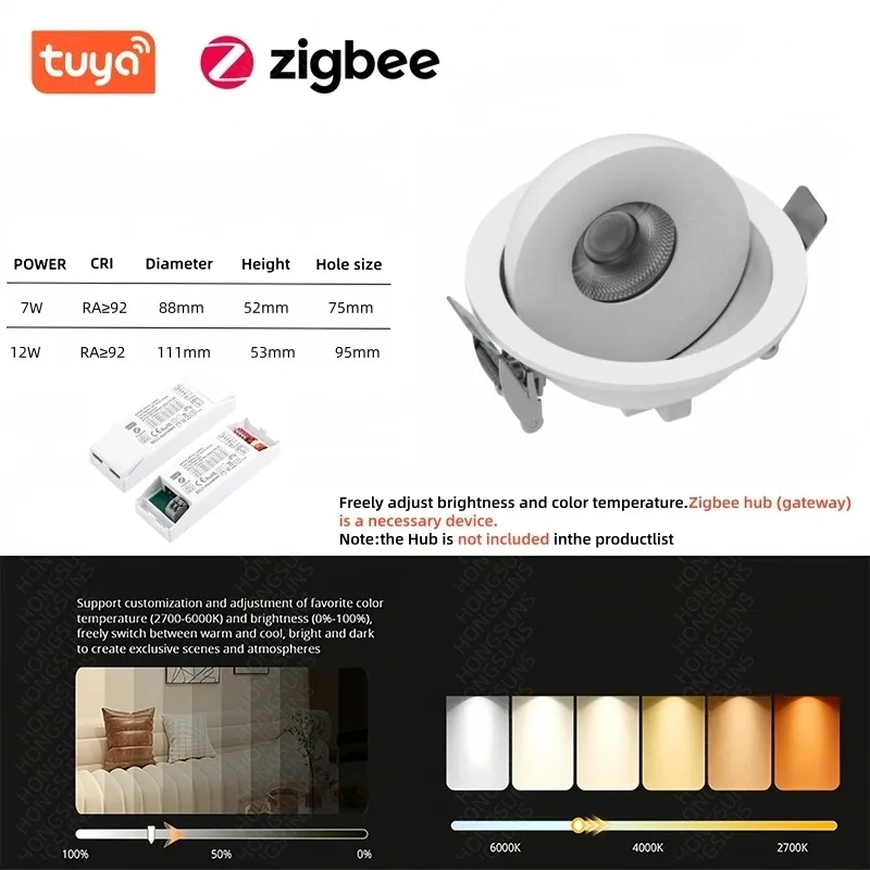 Tuya Zigbee Dali2 Smart 360 ° Angle Adjustable Dimmable Recessed LED Ceiling Lights Embedded COB CircularSpot Downlight 7W 12W
