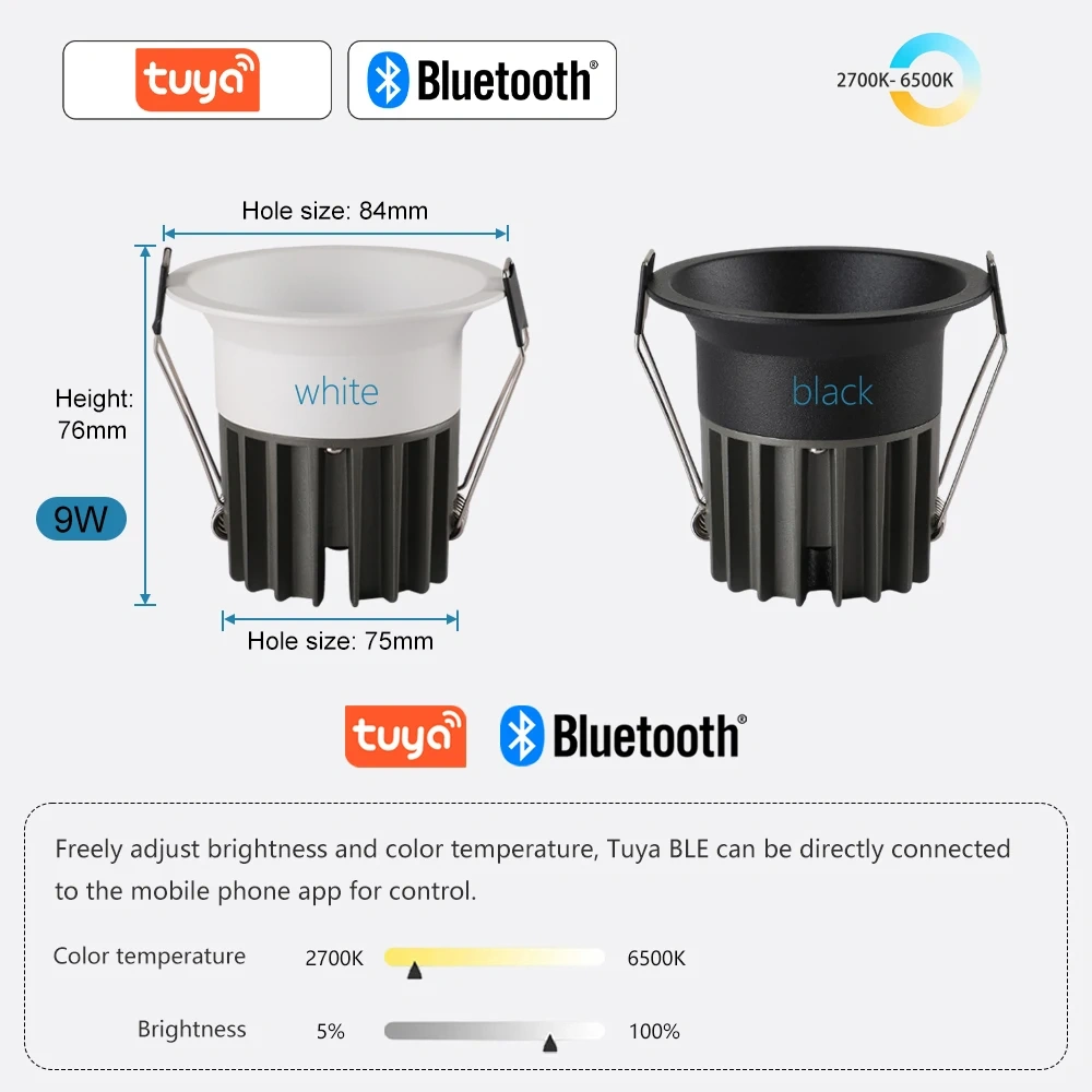 Tuya Zigbee/ DALI/ Matter/ 5 CCT Switchable Recessed LED Smart Ceiling Light  Dimmable AC110V/ 220V Black White Spot Downlight