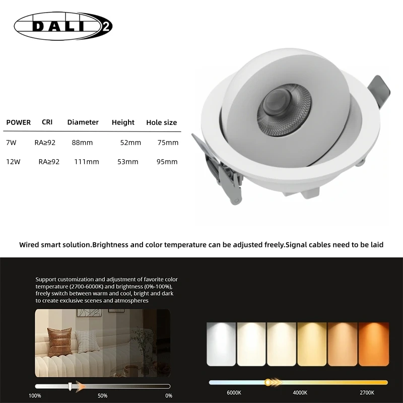 Tuya Zigbee Dali2 Smart 360 ° Angle Adjustable Dimmable Recessed LED Ceiling Lights Embedded COB CircularSpot Downlight 7W 12W