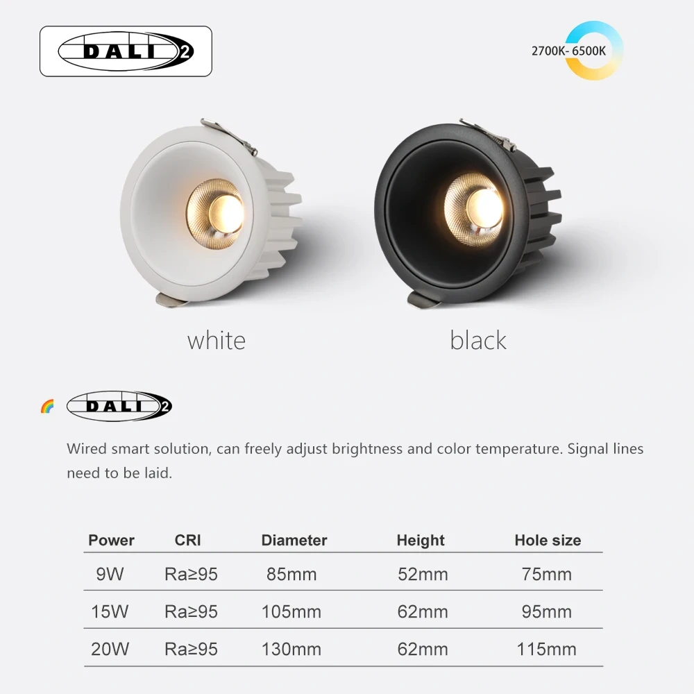 Recessed LED Ceiling Light 5 CCT Switchable Tuya Zigbee DALI Matter Smart White Black Living Room Bedroom Kitchen Downlight