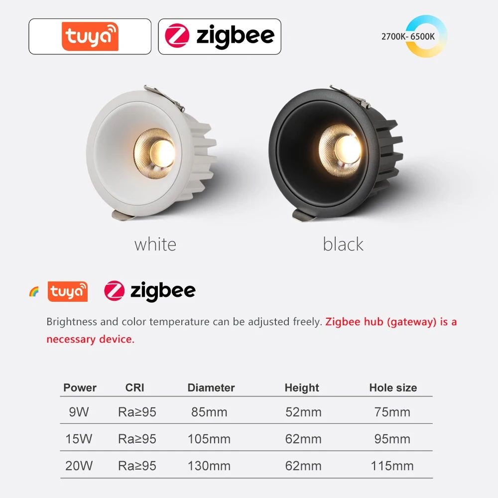 Recessed LED Ceiling Light 5 CCT Switchable Tuya Zigbee DALI Matter Smart White Black Living Room Bedroom Kitchen Downlight