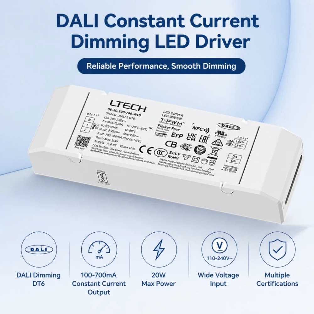 LTECH 20W 100-700mA NFC CC DALI DT6 LED Dimming Driver;AC 100-240V Dali-2 Constant Current Power Supply Work with Dali Dimmer