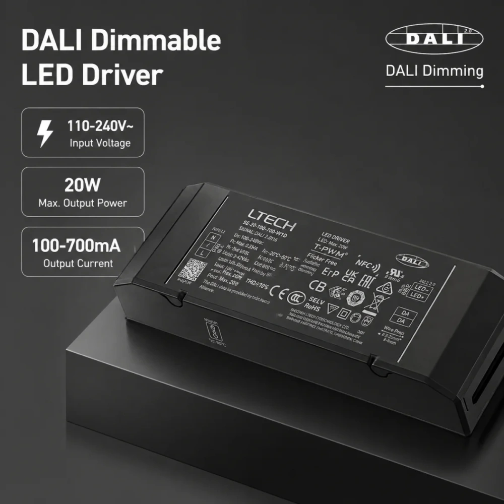 LTECH 20W 100-700mA NFC CC DALI DT6 LED Dimming Driver;AC 100-240V Dali-2 Constant Current Power Supply Work with Dali Dimmer