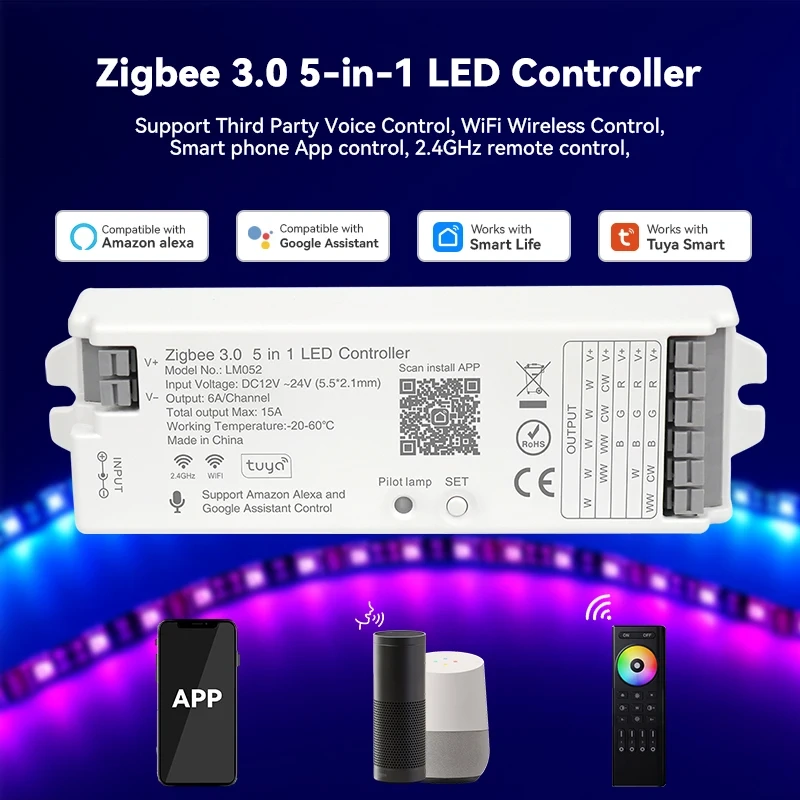 New 5 In 1 Tuya Zigbee 3.0 Led Controller Hue Bridge Alexa Voice Control for Singel Color CCT RGB RGBW RGBCCT Led Strip Use