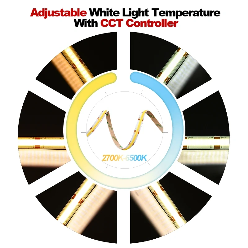 COB CCT LED Strip Lights 608 LEDs/m High Density Flexible Dimmable FOB Led Tape 2700K to 6500K Changeable Lighting DC12V 24V