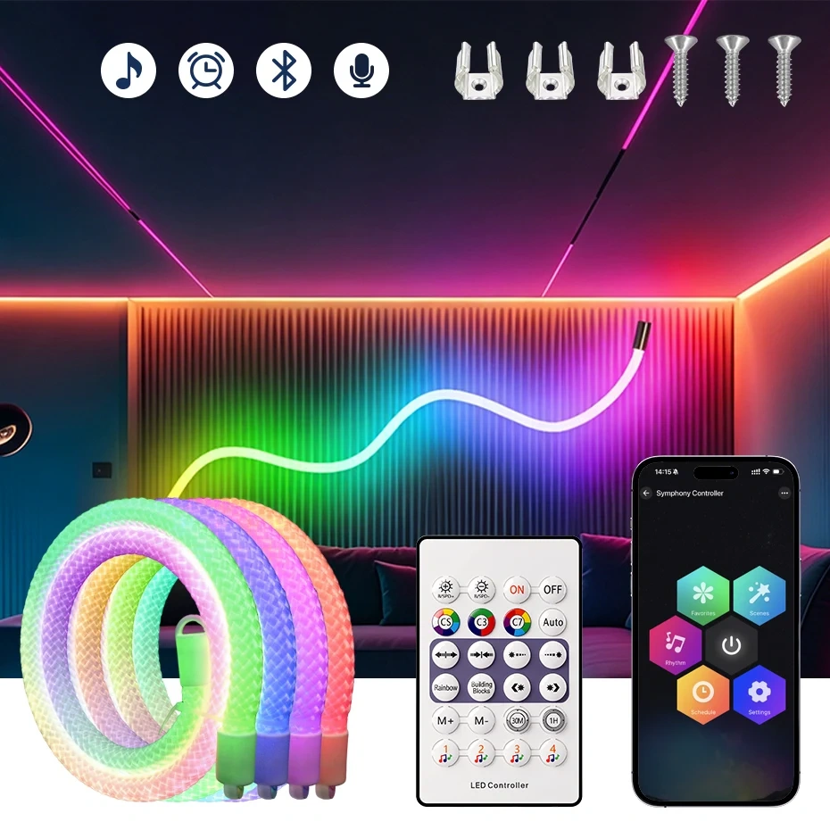 DC5V USB 360 Degree Round Reticulate Neon LED Strip RGBIC 67LEDs/m 1m-5m Smart APP Bluetooth Music Sync Waterproof Rope