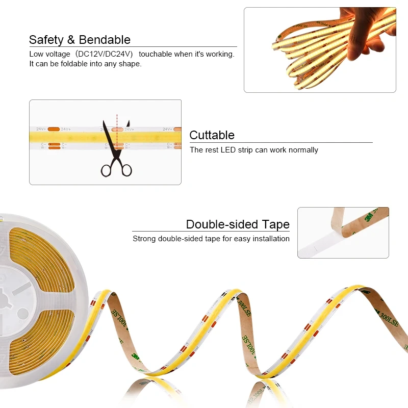 COB CCT LED Strip Lights 608 LEDs/m High Density Flexible Dimmable FOB Led Tape 2700K to 6500K Changeable Lighting DC12V 24V