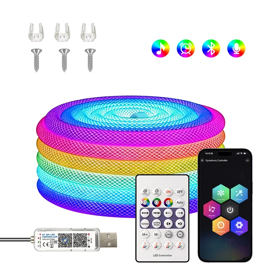 DC5V USB 360 Degree Round Reticulate Neon LED Strip RGBIC 67LEDs/m 1m-5m Smart APP Bluetooth Music Sync Waterproof Rope