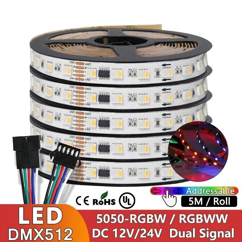 DMX Addressable DMX512 LED Pixel Light Strip RGBW RGBWW 4 in 1 SMD 5050 External IC TM512AC DC 12V 24V 60LEDs/M 5M IP20 65 67 68