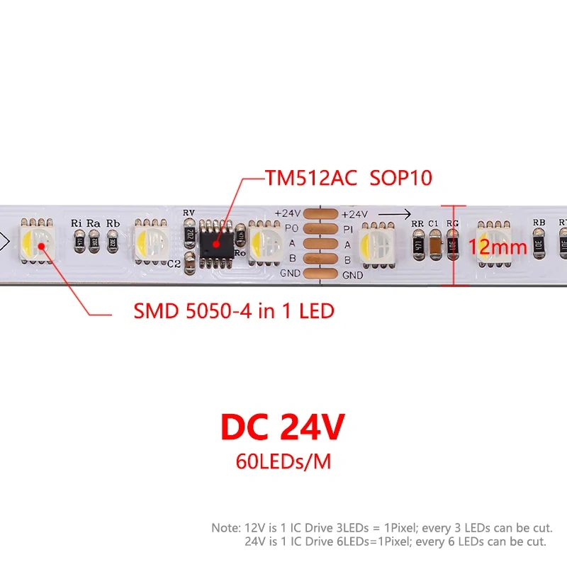 DMX Addressable DMX512 LED Pixel Light Strip RGBW RGBWW 4 in 1 SMD 5050 External IC TM512AC DC 12V 24V 60LEDs/M 5M IP20 65 67 68