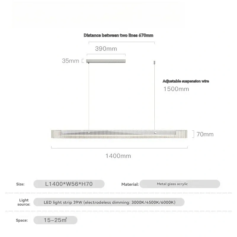 Minimalist LED linear pendant lamp hanging over a wooden dining table
