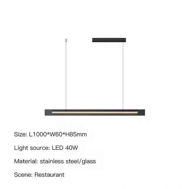 Minimalist LED linear pendant lamp hanging over a wooden dining table