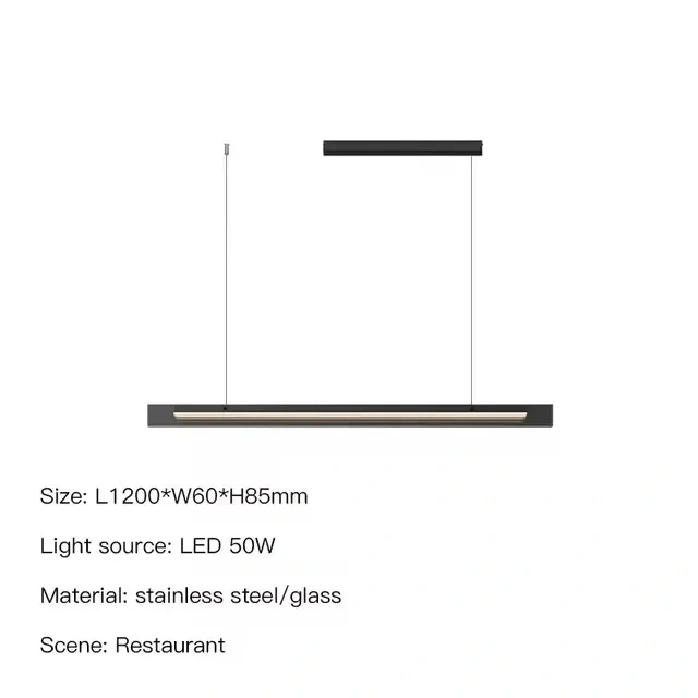 Minimalist LED linear pendant lamp hanging over a wooden dining table