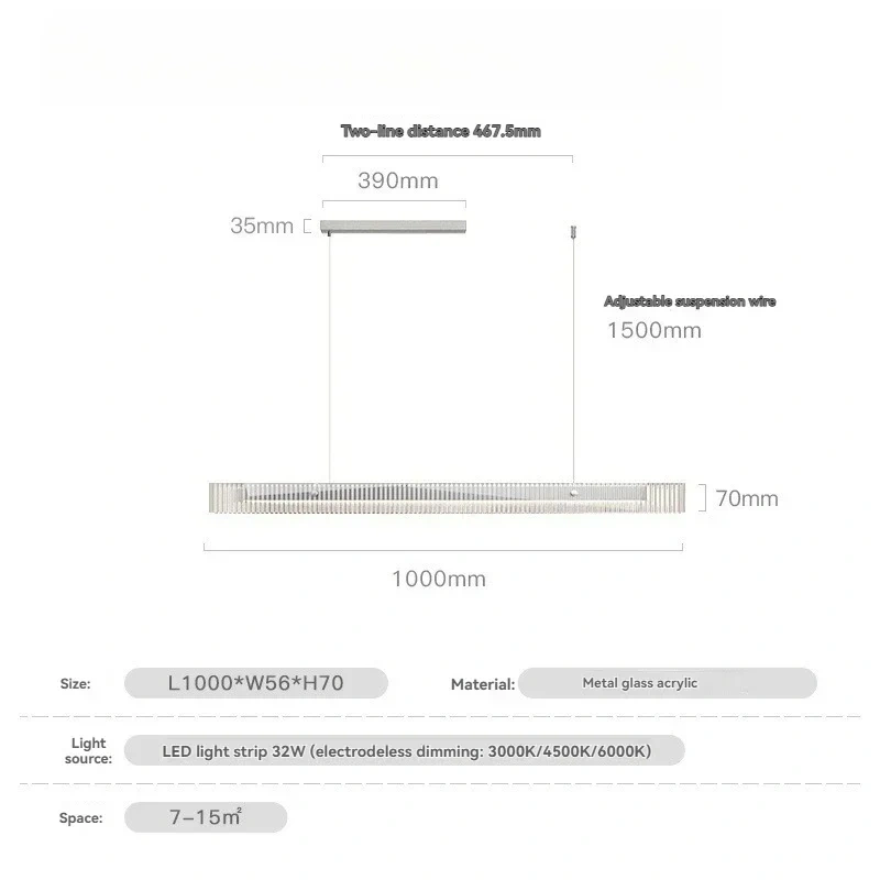 Minimalist LED linear pendant lamp hanging over a wooden dining table